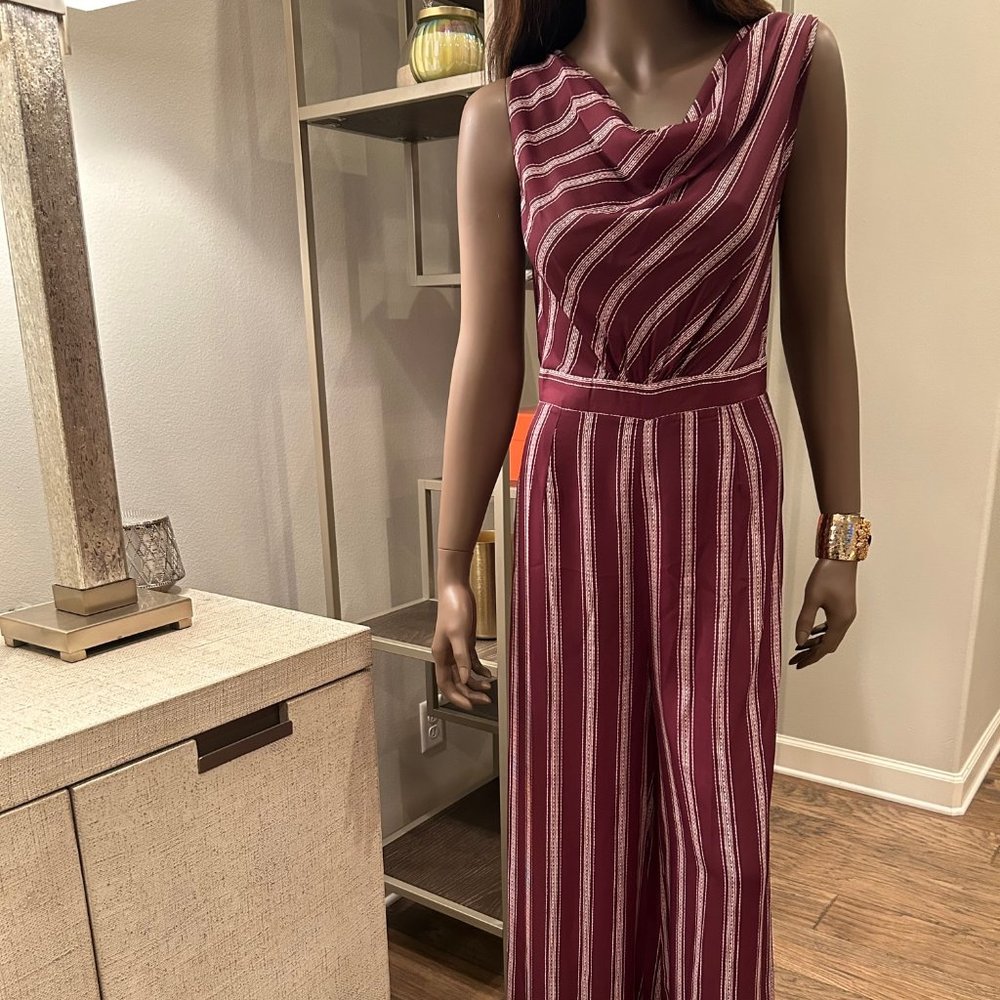 Zhu Vetta Burgundy & White Vertical Stripe Cowl Neck Backless Jumpsuit